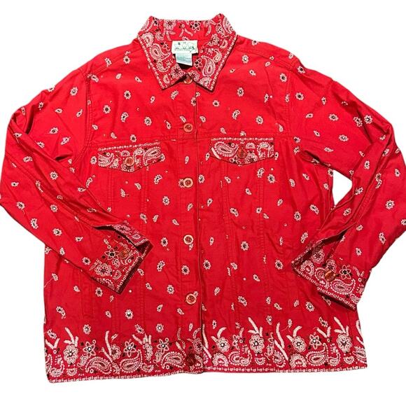 Quacker Factory Women's Size Large Red Beaded Bandana Print Shirt Jacket Cotton - Picture 1 of 6